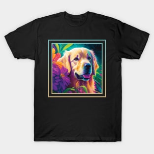 Thirsty Golden Retriever Floral Tropical Vibrant Digital Oil Painting Portrait T-Shirt